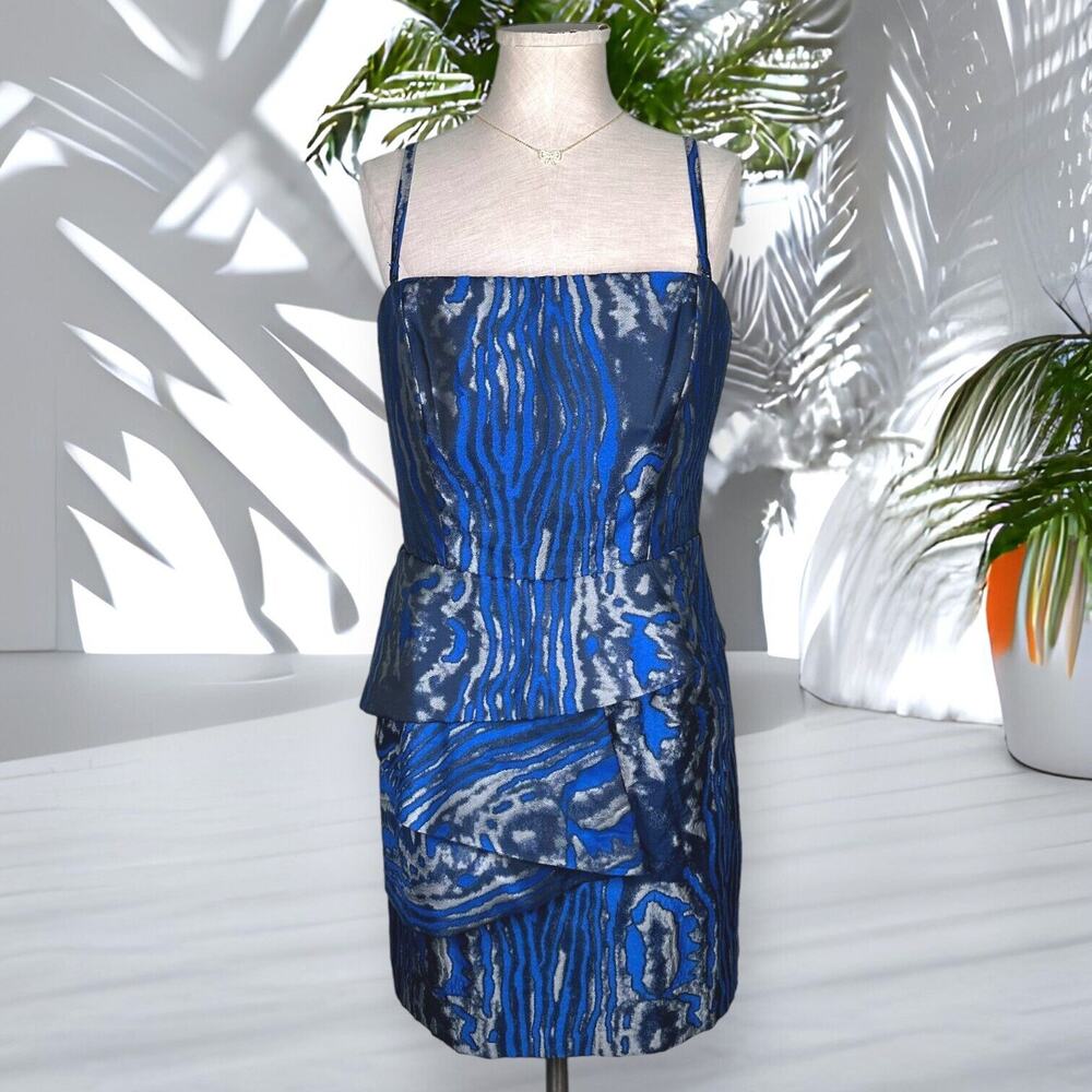 BEBE Mini Cocktail Dress Cascade Bodycon Sexy Chic Club Spaghetti Strap Blue